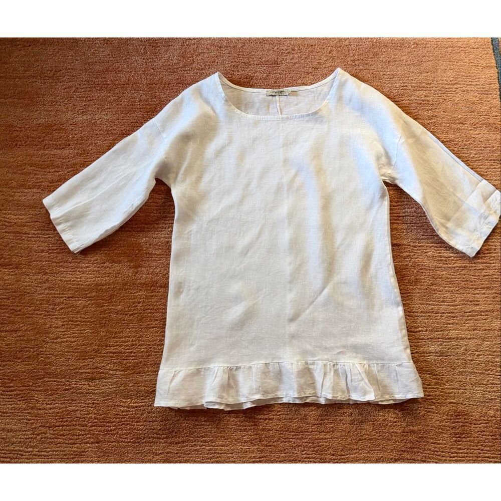 Lungo L’Arno White Linen Tunic Top Size M 3/4 Sleeve Ruffle Hem